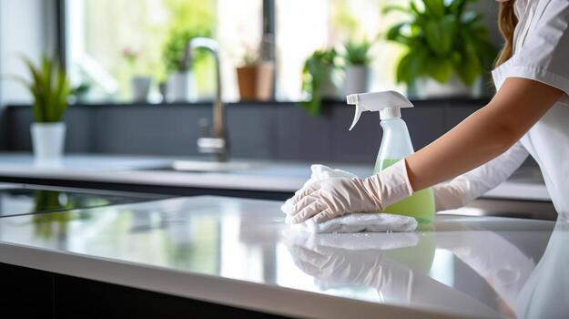 A gloved cleaner wiping down a gleaming kitchen counter